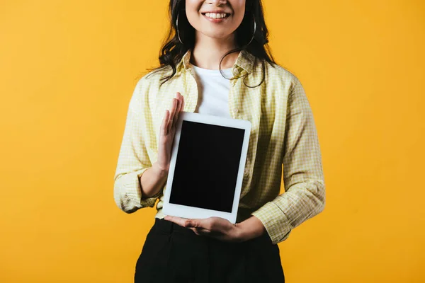 Ausgeschnittene Ansicht Einer Frau Die Ein Digitales Tablet Mit Leerem — Stockfoto