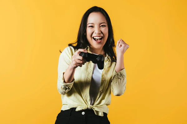 Kyiv Ukraine April 2019 Happy Asian Girl Playing Video Game — Stock Photo, Image