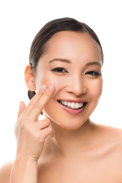 Beautiful Smiling Asian Girl Applying Cream Isolated White — Stock Photo, Image