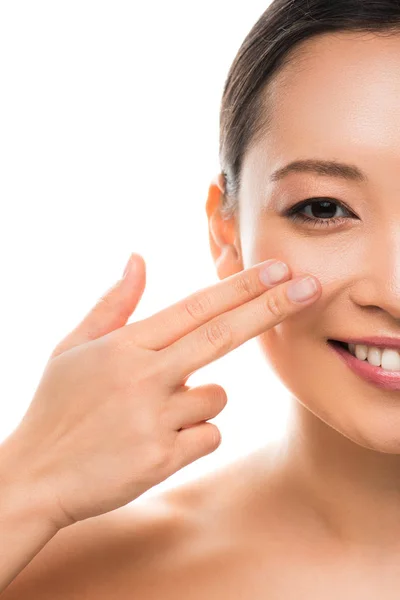 Beautiful Smiling Asian Girl Applying Cream Isolated White — Stock Photo, Image