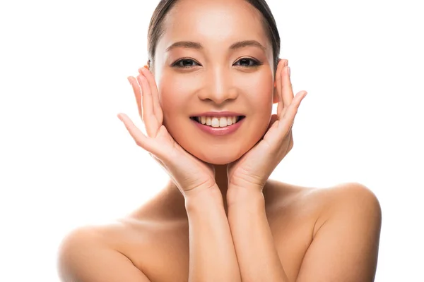 Hermosa Sonriente Chica Asiática Con Piel Perfecta Aislado Blanco — Foto de Stock