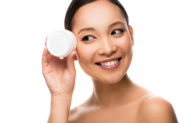 Happy Asian Woman Holding Face Cream Isolated White — Stock Photo, Image