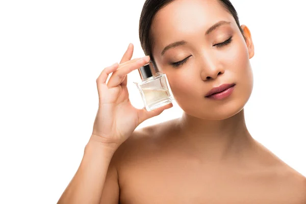 Tender Attractive Asian Woman Closed Eyes Holding Perfume Bottle Isolated — Stock Photo, Image