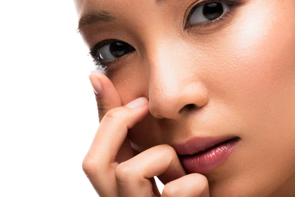 Beautiful Asian Girl Holding Contact Lens Isolated White — Stock Photo, Image