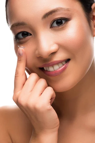 Feliz Atraente Menina Asiática Com Lente Contato Isolado Branco — Fotografia de Stock