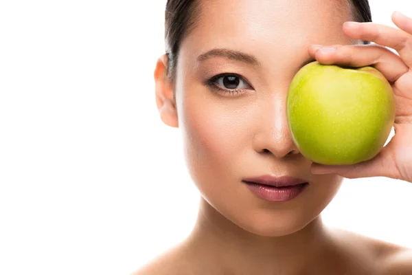 Красива Азіатська Дівчина Тримає Зелене Яблуко Ізольована Білому — стокове фото
