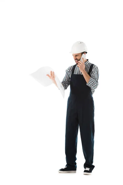 Irritated Foreman Screaming While Talking Smartphone Looking Camera Isolated White — Stock Photo, Image