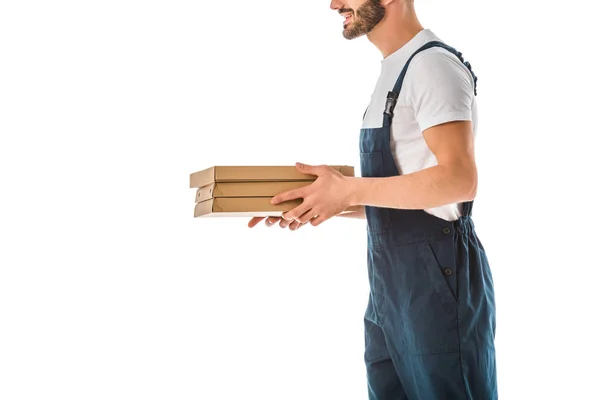 Beskuren Delivery Man Holding Pizza Lådor Isolerade Vitt — Stockfoto