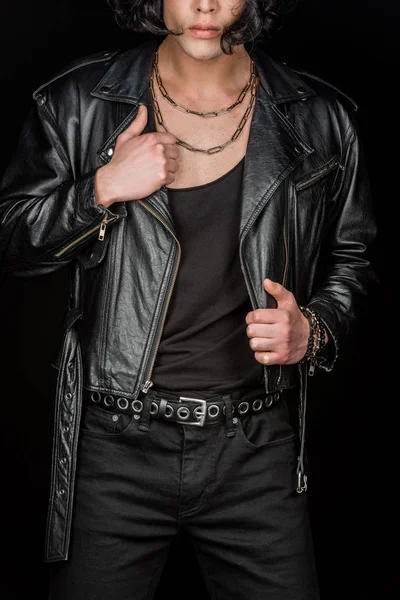 Cropped View Stylish Man Touching Leather Jacket Isolated Black — Stock Photo, Image