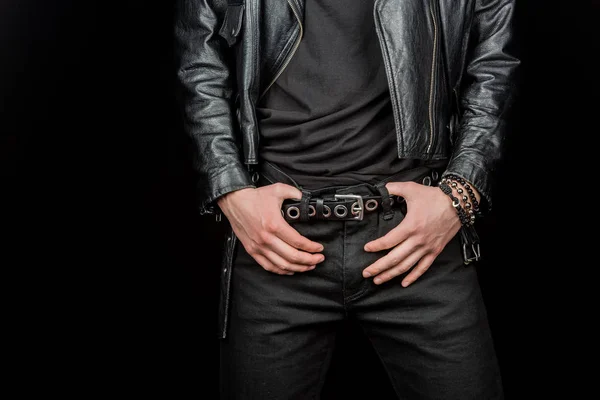 Cropped View Man Touching Belt While Standing Isolated Black — Stock Photo, Image
