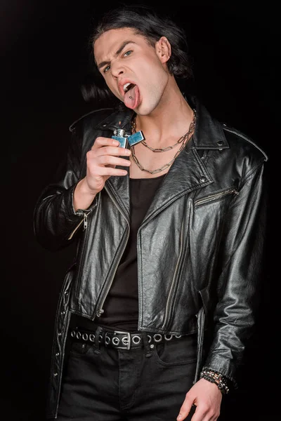 Man Showing Tongue While Holding Lighter Isolated Black — Stock Photo, Image