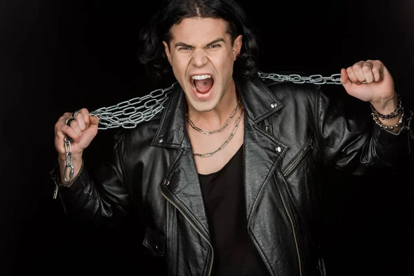 Angry Man Screaming While Holding Metallic Chains Isolated Black — Stock Photo, Image