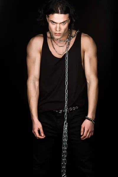 Handsome Man Tank Top Standing Chains Neck Isolated Black — Stock Photo, Image