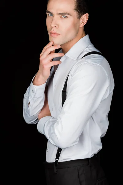 Confident Man White Shirt Suspenders Touching Face Isolated Black — Stock Photo, Image