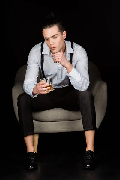 Pensive Man White Shirt Suspenders Holding Glass Whiskey While Sitting — Stock Photo, Image