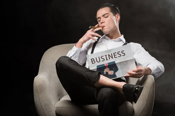 Selective Focus Handsome Man Sitting Armchair Reading Business Newspaper Smoking — Stock Photo, Image