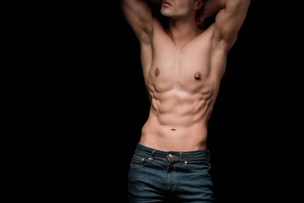 Cropped View Muscular Young Man Standing Isolated Black — Stock Photo, Image