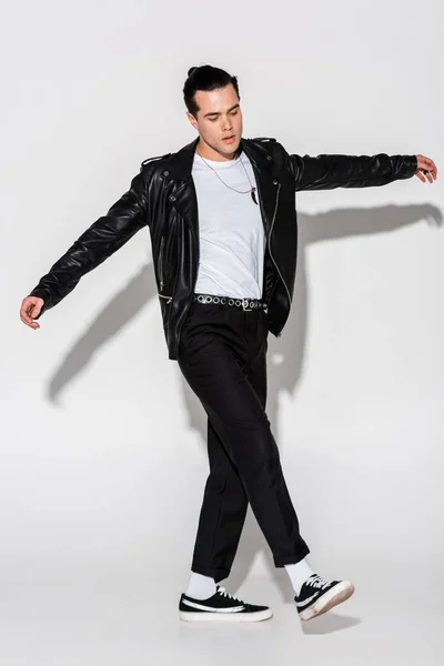 Handsome Stylish Man Leather Jacket Walking Outstretched Hands White — Stock Photo, Image