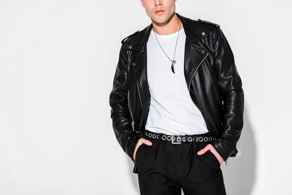Cropped View Man Leather Jacket Standing Hands Pockets White — Stock Photo, Image