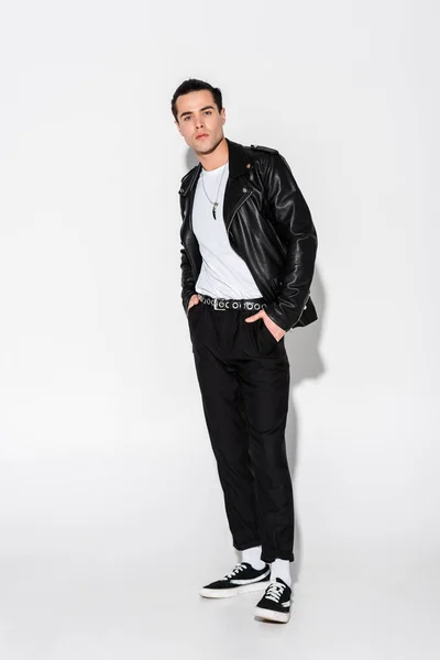 Stylish Man Leather Jacket Standing Hands Pockets White — Stock Photo, Image