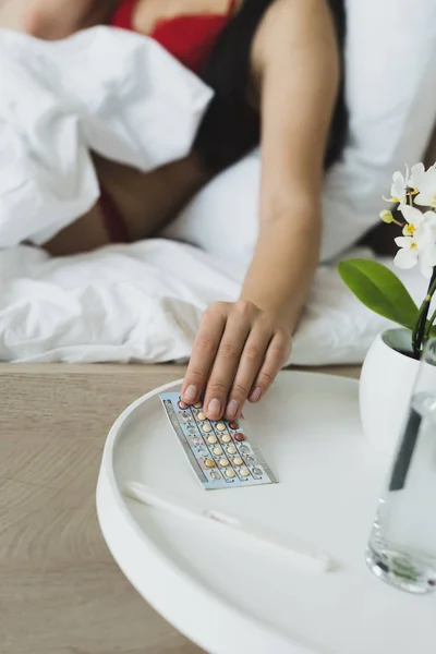 Partial View Woman Taking Birth Control Pills Bedside Table — Stock Photo, Image