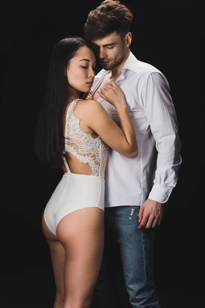Sexy Asian Woman White Lingerie Standing Boyfriend Looking Camera Isolated — Stock Photo, Image