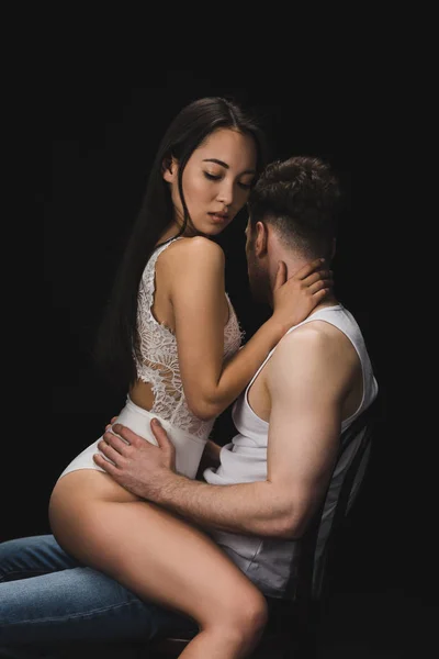 Beautiful Asian Woman White Lingerie Sitting Knees Boyfriend Looking Isolated — Stock Photo, Image