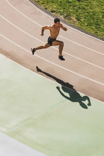 Overhead View Mixed Race Sportsman Running Stadium — Stock Photo, Image