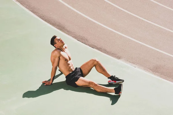 Tired Handsome Mixed Race Sportsman Sitting Stadium — Stock Photo, Image