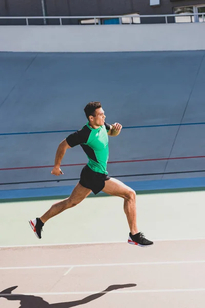 Full Length View Mixed Race Sportsman Running Stadium — Stock Photo, Image