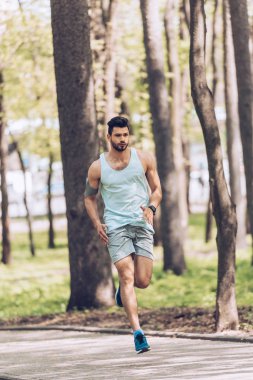 parkta kaldırım boyunca çalışan spor giyim yakışıklı adam