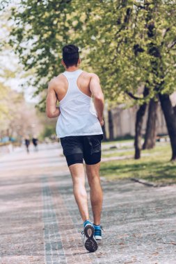 parkta geniş sokak boyunca çalışan genç sporcunun arka görünümü