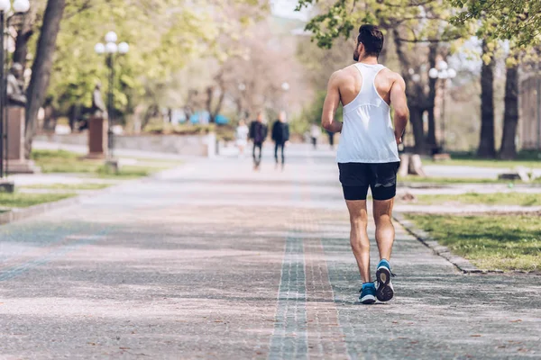 Vista Posteriore Del Giovane Sportivo Che Corre Lungo Ampio Vicolo — Foto Stock