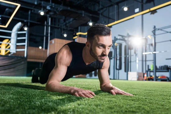 Handsome Bearded Man Doing Plank Exercise Green Grass — Stock Photo, Image