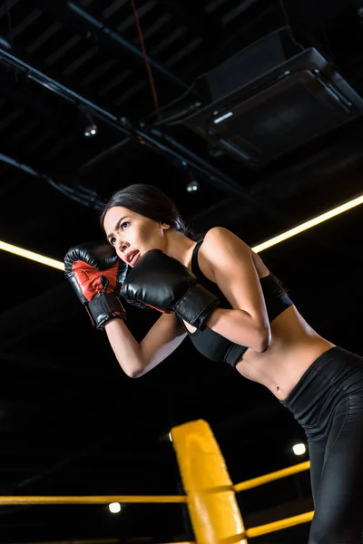 Vista Ángulo Bajo Mujer Joven Segura Boxeo Mientras Que Pie — Foto de Stock