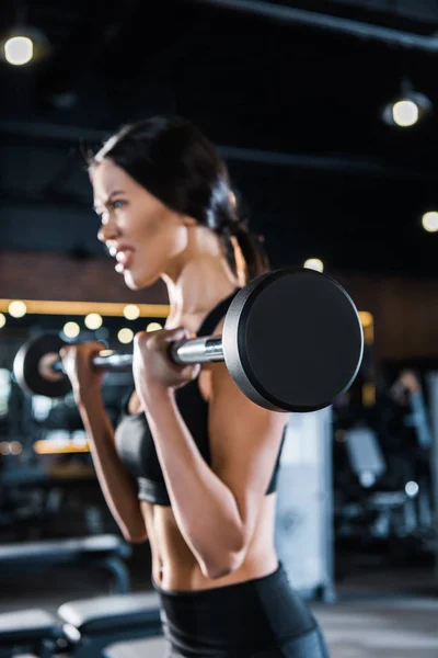 Selective Focus Strong Young Woman Exercising Heavy Barbell Gym — Stock Photo, Image