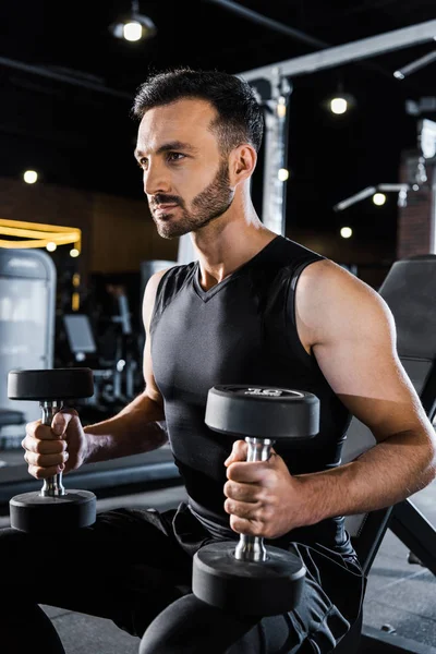 Handsome Athletic Man Working Out Dumbbells Gym — Stock Photo, Image