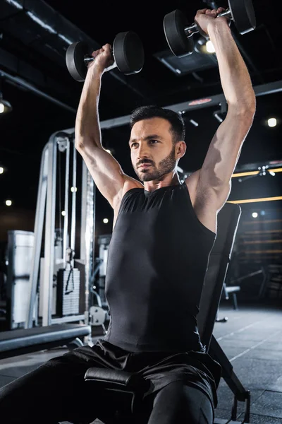 Low Angle View Handsome Athletic Man Working Out Dumbbells Gym — Stock Photo, Image