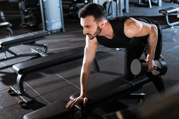 Selective Focus Bearded Sportsman Working Out Dumbbell Gym — Stock Photo, Image
