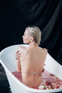 pembe su ve gül yaprakları ile banyoda oturan sarışın seksi ıslak kadın arka görünümü