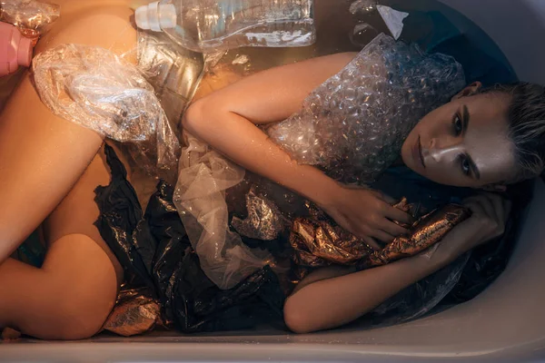 Top View Young Woman Posing Bathtub Trash Environmental Pollution Concept — Stock Photo, Image