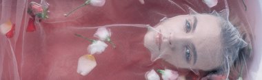 top view of beautiful woman covered with white mesh cloth in pink water with rose petals, panoramic shot clipart