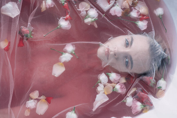 top view of beautiful woman covered with white mesh cloth in pink water with rose petals 