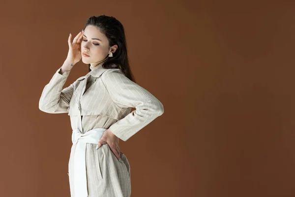 Fashionable Woman Trench Coat Isolated Brown Hand Hip — Stock Photo, Image