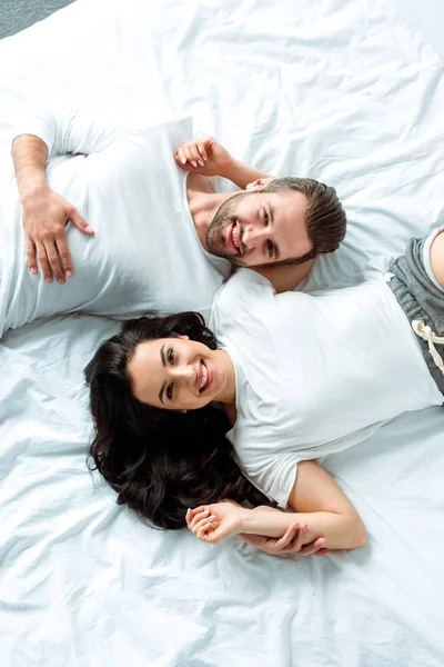 Top View Happy Couple Lying Together Bed — Stock Photo, Image