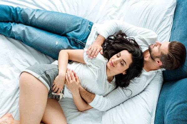 Top View Girlfriend Sleeping Boyfriend Bed — Stock Photo, Image