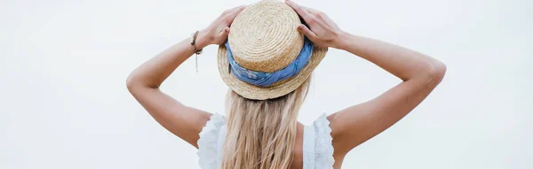 Panoramic Shot Young Blonde Woman Standing Touching Straw Hat — Stock Photo, Image