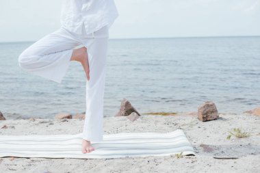 deniz kenarında yoga yapan genç kadının kırpılmış görünümü 