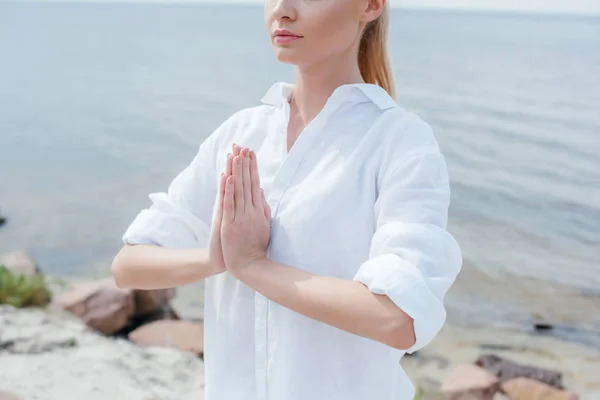 Cropped View Young Woman Praying Hands Sea — Stock Photo, Image