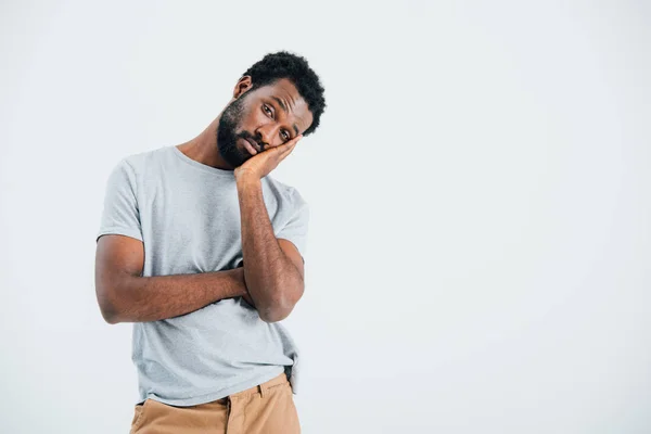 Gelangweilter Afrikanisch Amerikanischer Mann Grauem Shirt Isoliert Auf Grau — Stockfoto